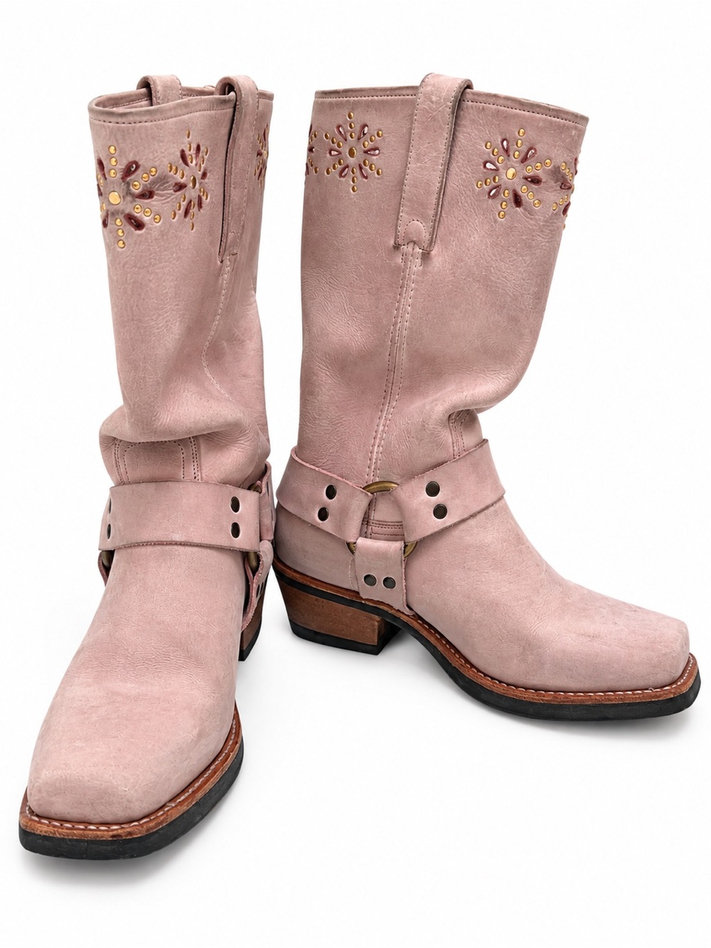 Frye Harness Boots Pink Moto Square Toe Western Womens 8.5